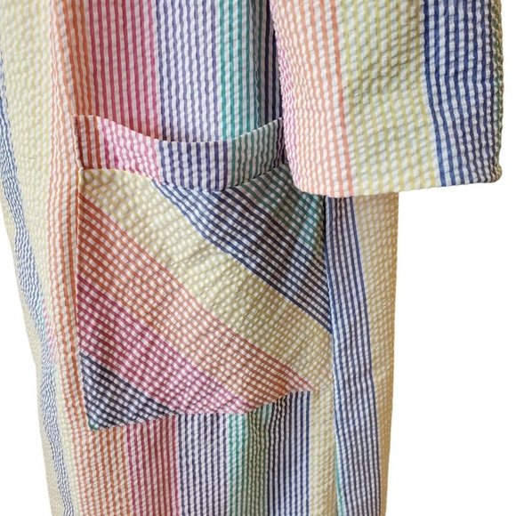 Vintage Rainbow Striped Housecoat Robe Thin Pearl Snap Long Duster Textured S/M - Picture 5 of 12